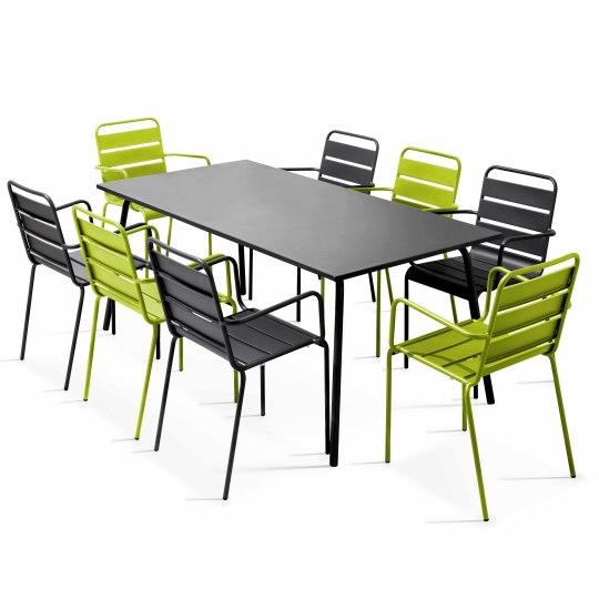 Table de jardin en métal 180x90 cm et 8 chaises dépareillés avec accoudoirs | Oviala
