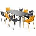 Table de jardin rectangulaire 180 x 90 cm et 8 chaises dépareillés avec accoudoirs en métal