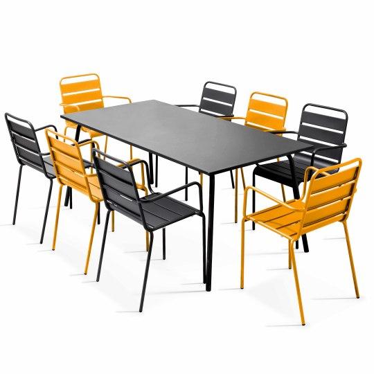 Table de jardin en métal 180x90 cm et 8 chaises dépareillés avec accoudoirs | Oviala