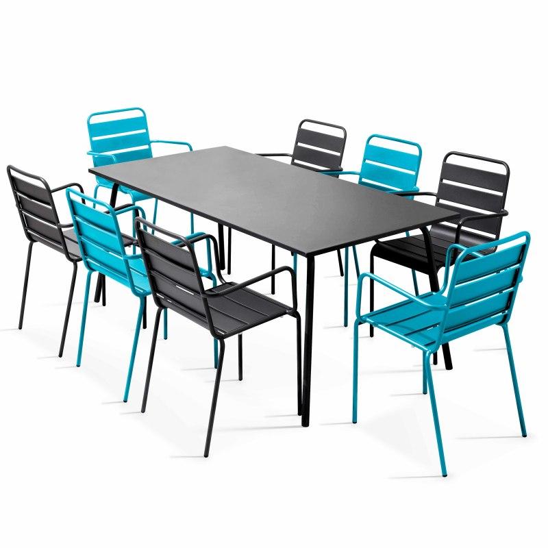 Table de jardin rectangulaire 180 x 90 cm et 8 chaises dépareillés avec accoudoirs en métal