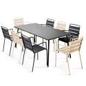 Table de jardin rectangulaire 180 x 90 cm et 8 chaises dépareillés avec accoudoirs en métal
