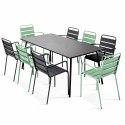Table de jardin rectangulaire 180 x 90 cm et 8 chaises dépareillés avec accoudoirs en métal