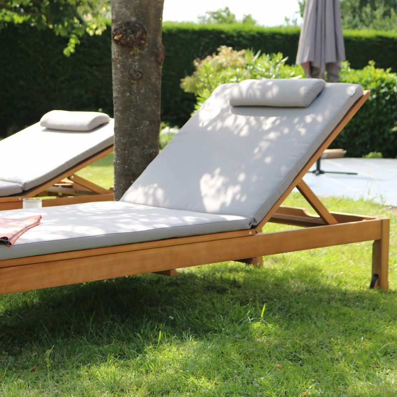 Lot de 2 bains de soleil avec coussin et tablette en bois d'eucalyptus