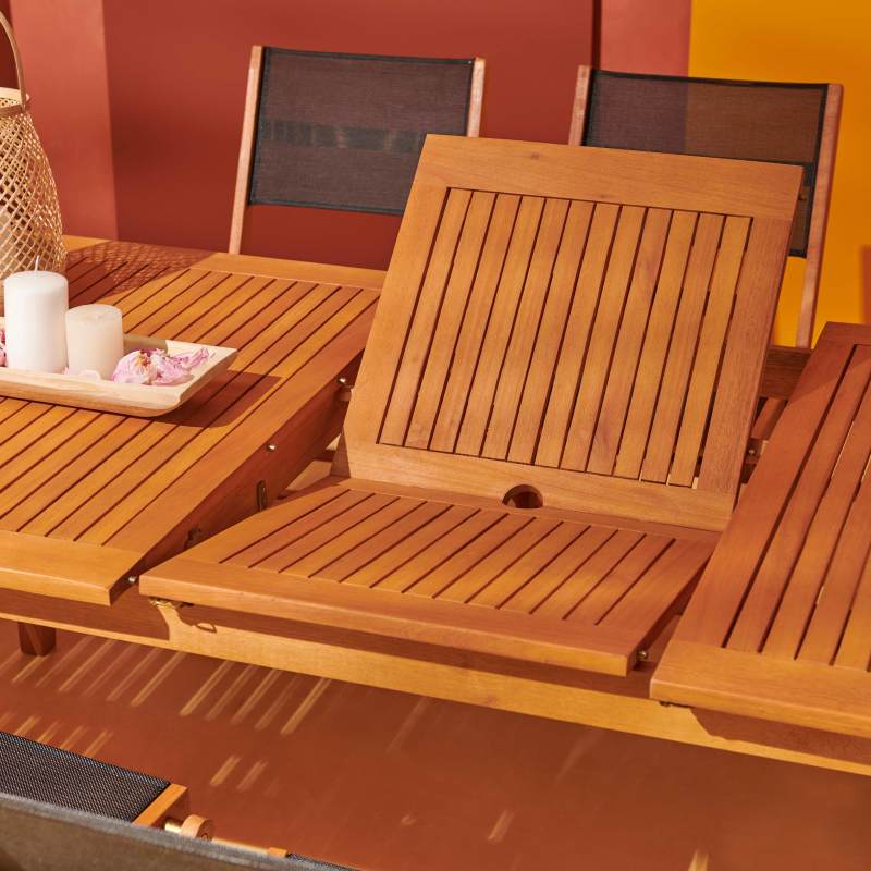 Table de jardin rectangulaire en bois extensible avec 6 chaises et 2 chaises avec accoudoirs pliantes