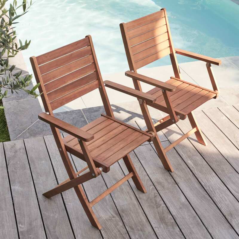 Table de jardin rectangulaire extensible avec 8 chaises pliantes et 2 avec accoudoirs en eucalyptus