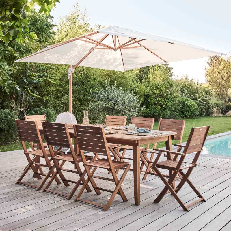 Table de jardin rectangulaire extensible avec 8 chaises et 2 chaises avec accoudoirs en eucalyptus