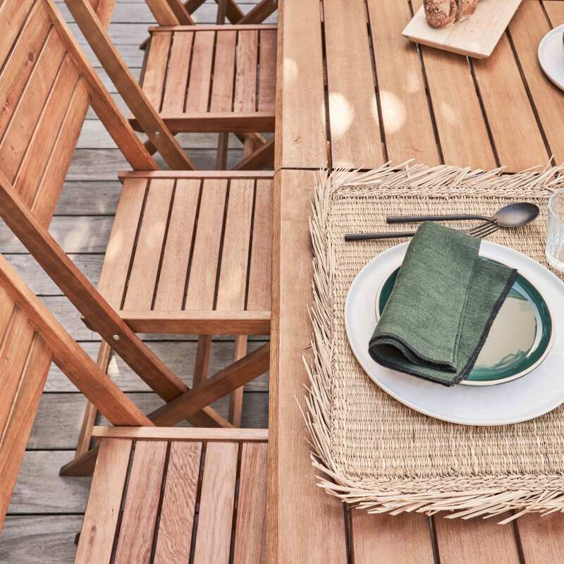 Table de jardin rectangulaire extensible avec 8 chaises et 2 chaises avec accoudoirs en eucalyptus