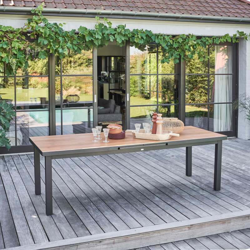 Ensemble table de jardin rectangulaire extensible 320 x 100 x 76 cm avec 8 chaises et 2 chaises avec accoudoirs