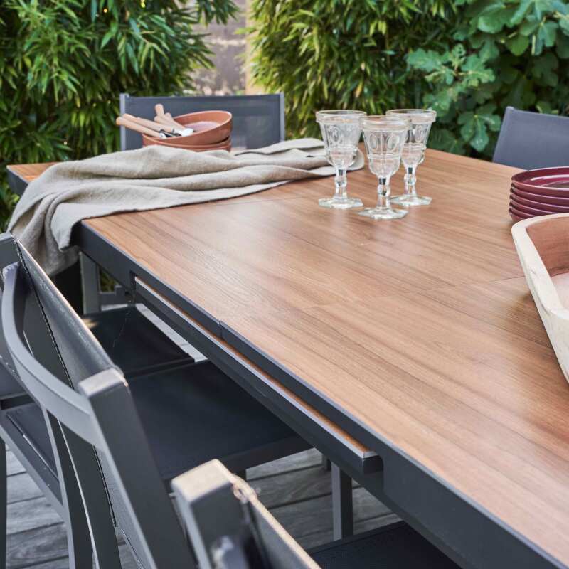 Ensemble table de jardin rectangulaire extensible 320 x 100 x 76 cm avec 8 chaises et 2 chaises avec accoudoirs