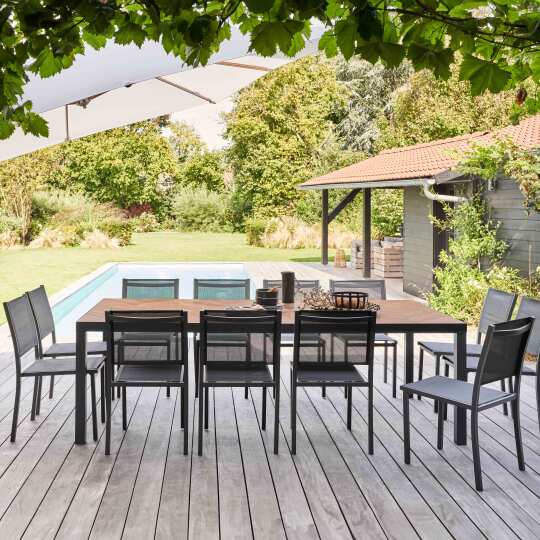 Table de jardin en céramique effet bois 241 cm + 12 chaises Oviala