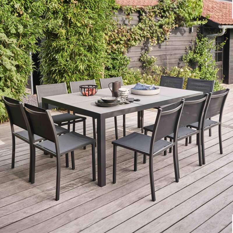 Table de jardin plateau en céramique effet béton ciré (182 x 121 x 74 cm)
