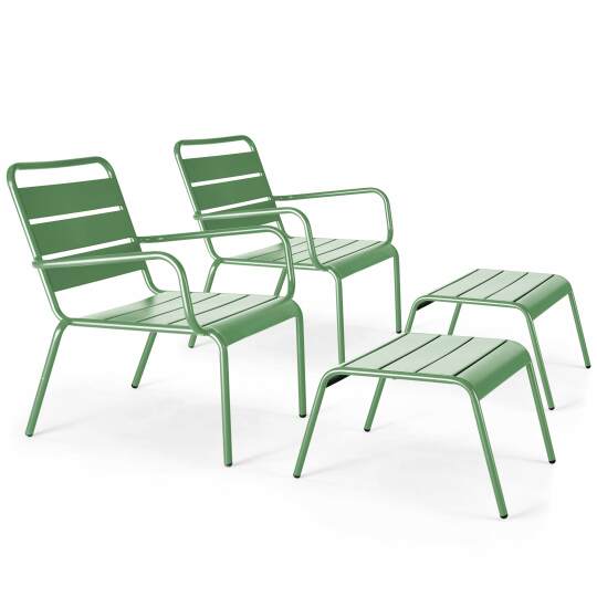 Lot de 2 fauteuils bas et repose-pieds en métal