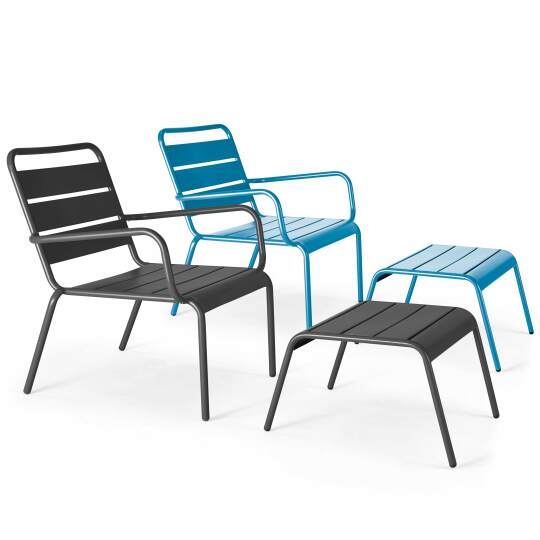 Lot de 2 fauteuils bas + repose-pieds en métal bicolore | Oviala