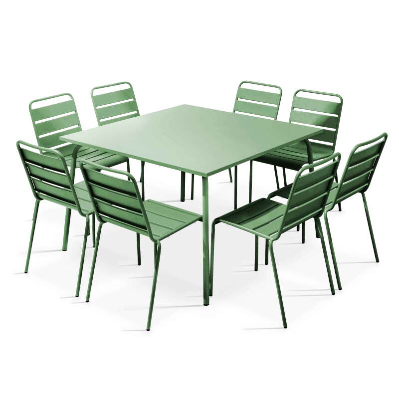 Table de jardin carrée 120 x 120 cm en métal et 8 chaises en métal