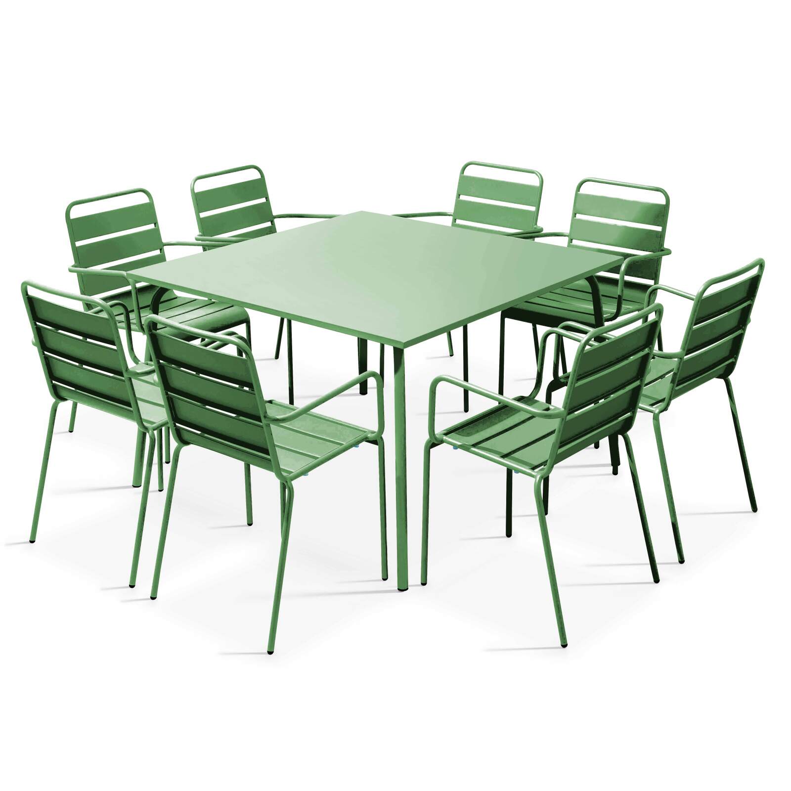 Table de jardin carrée 120 x 120 cm et 8 chaises avec accoudoirs en métal