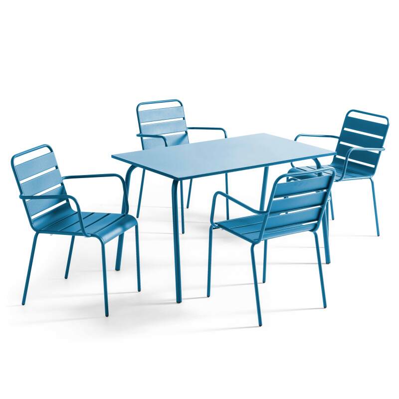 Table de jardin rectangulaire 120 x 70 cm et 4 chaises avec accoudoirs en métal