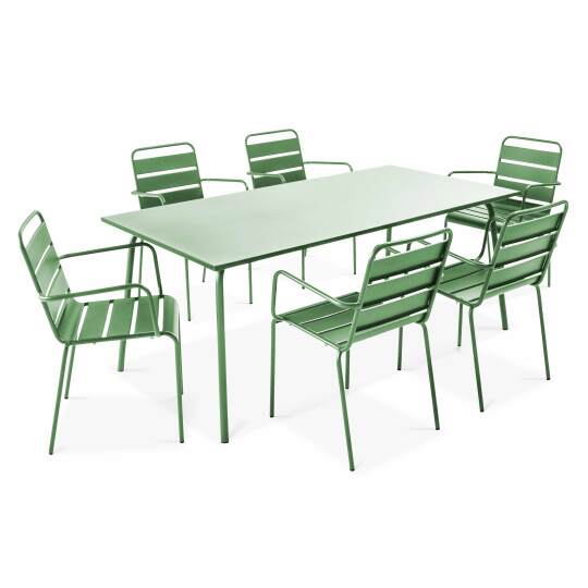 Table de jardin rectangulaire + 6 chaises empilables avec accoudoirs | Oviala