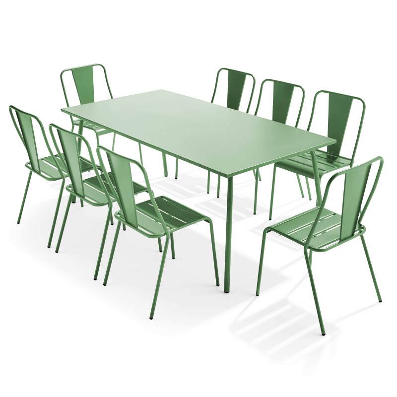 Table de jardin rectangulaire 180 x 90 et 8 chaises bistrot en métal