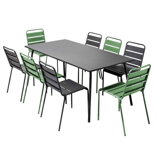 Table de jardin en métal 180x90 cm et 8 chaises dépareillées | Oviala