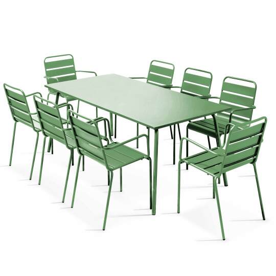 Table de jardin rectangulaire + 8 chaises  avec accoudoirs en métal | Oviala