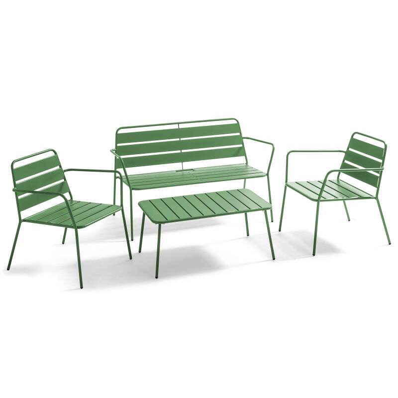 Salon de jardin 4 places en métal, 1 table basse, 2 fauteuils, 1 canapé