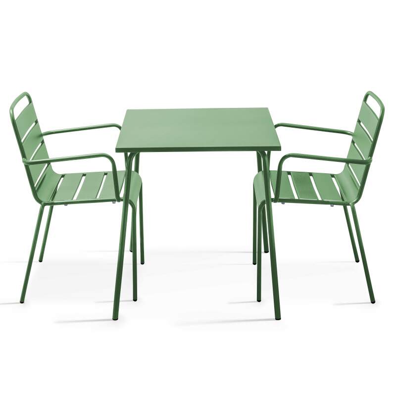 Table de jardin bistrot carrée 70 x 70 cm et 2 chaises en métal avec accoudoirs