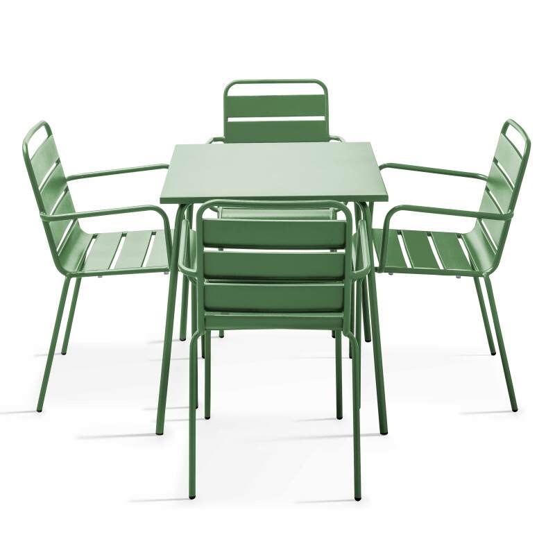 Ensemble table carrée (70 x 70 x 72 cm) et 4 chaises avec accoudoirs