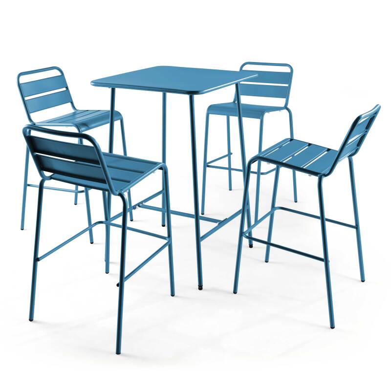 Table de bar haute 70 cm x 70 cm et 4 chaises hautes en métal