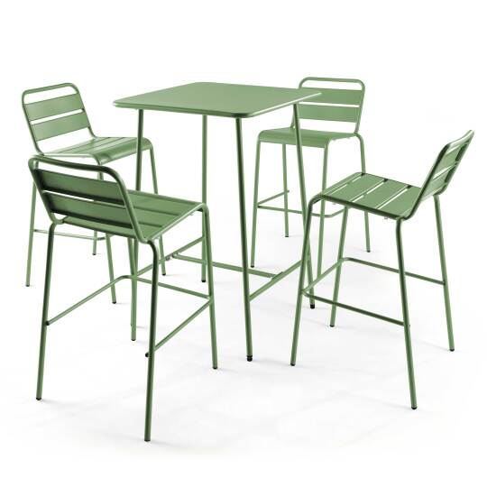 Table de bar haute 70 cm x 70 cm et 4 chaises hautes en métal