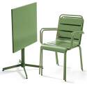 Table de jardin bistrot rabattable carrée 70 x 70 cm en métal et 2 chaises avec accoudoirs