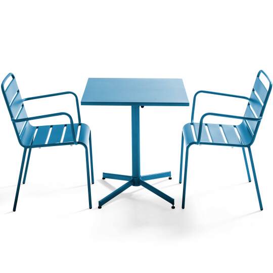 Table de jardin bistrot carrée inclinable en métal 70x70 cm et 2 chaises avec accoudoirs | Oviala