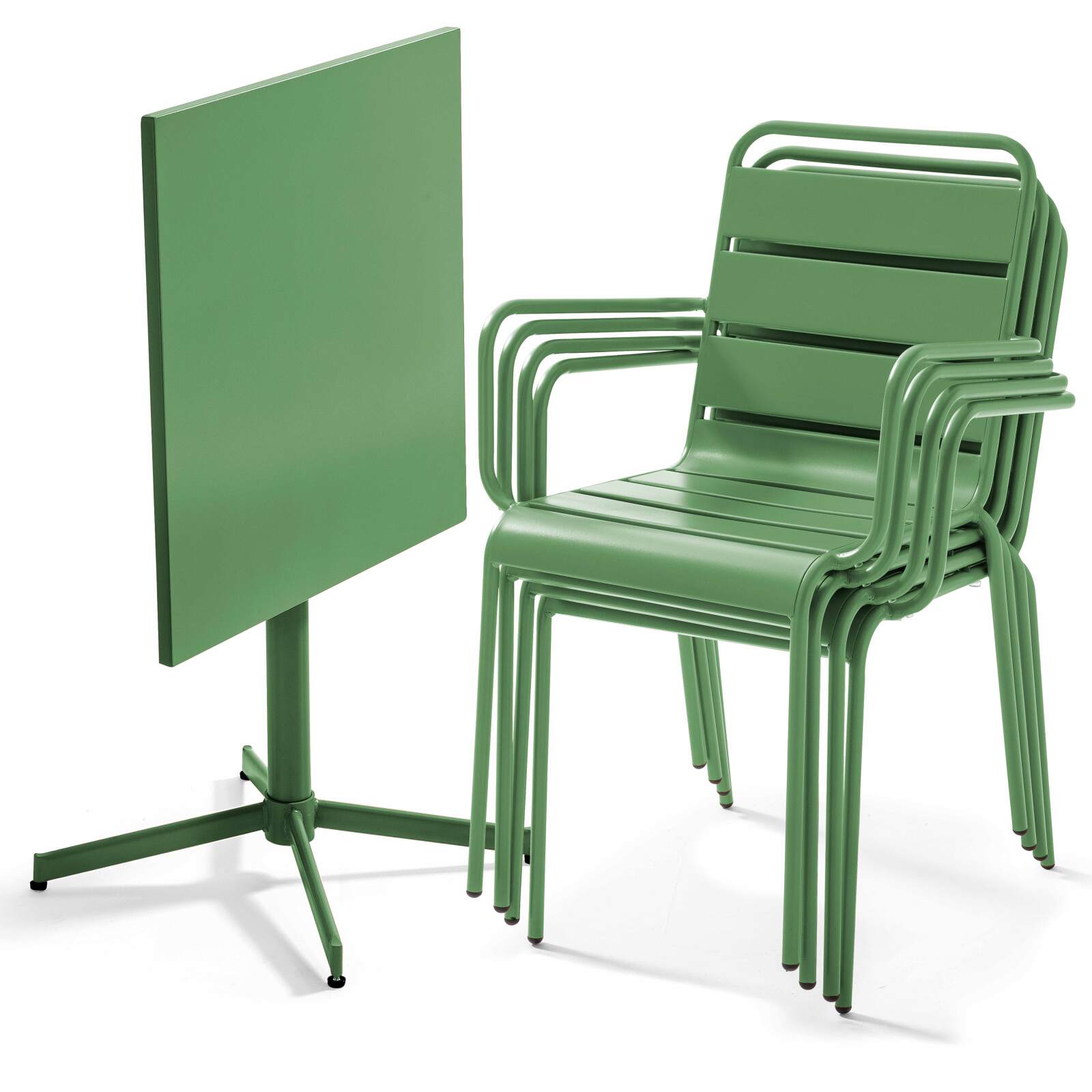 Table de jardin bistrot carrée 70 x 70 cm rabattable et 4 chaises avec accoudoirs en métal