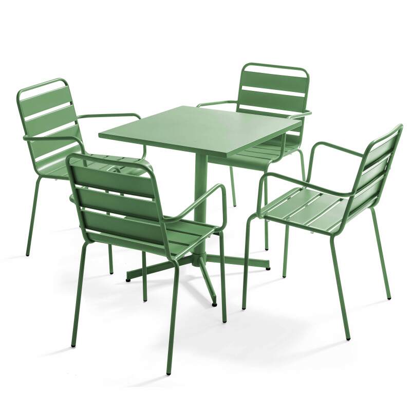 Table de jardin bistrot carrée 70 x 70 cm rabattable et 4 chaises avec accoudoirs en métal