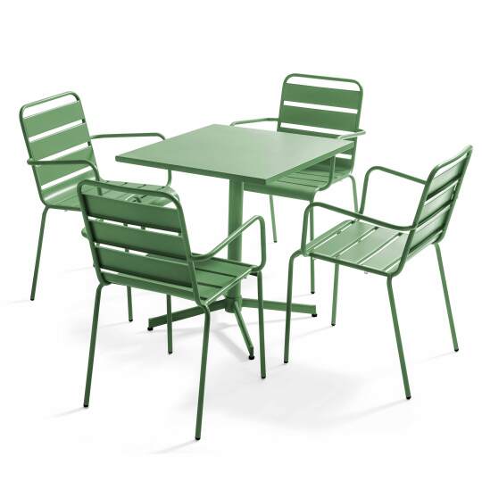 Table de jardin bistrot carrée inclinable en métal 70x70 cm et 4 chaises avec accoudoirs | Oviala