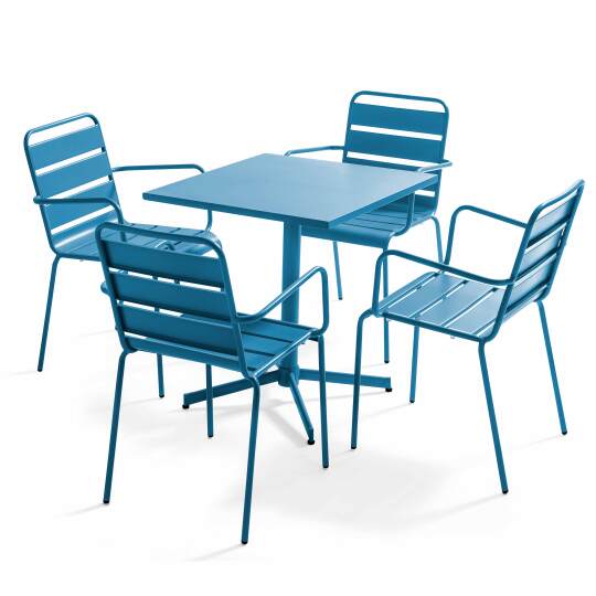Table de jardin bistrot carrée inclinable en métal 70x70 cm et 4 chaises avec accoudoirs | Oviala
