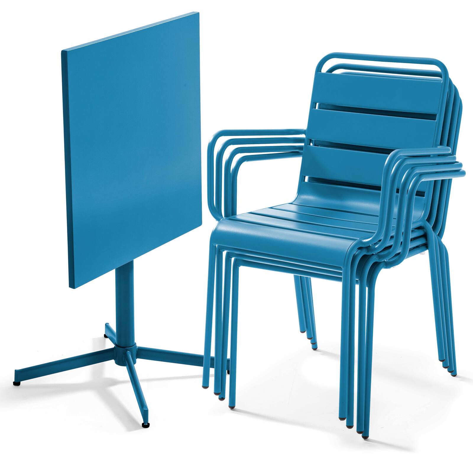 Table de jardin bistrot carrée 70 x 70 cm rabattable et 4 chaises avec accoudoirs en métal