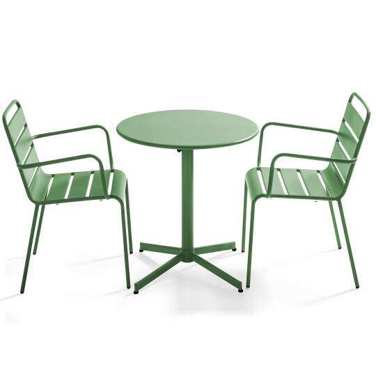 Table de jardin bistrot ronde ⌀70 x 72 cm rabattable et 2 chaises avec accoudoirs en métal