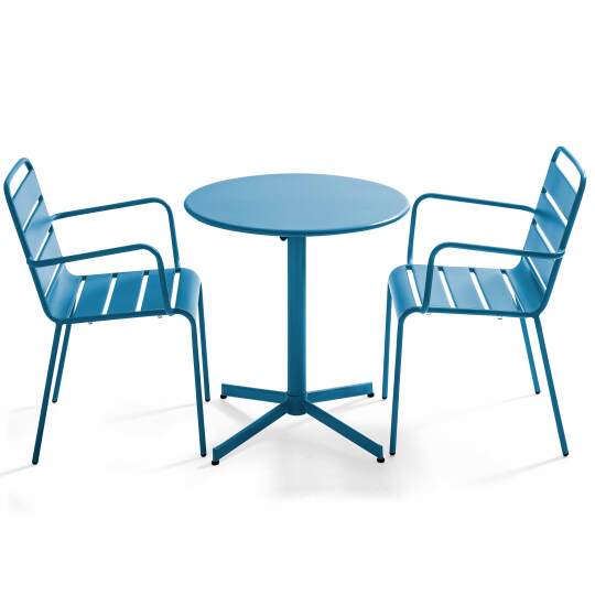 Table de jardin bistrot ronde inclinable en métal Ø70 cm et 2 chaises avec accoudoirs | Oviala