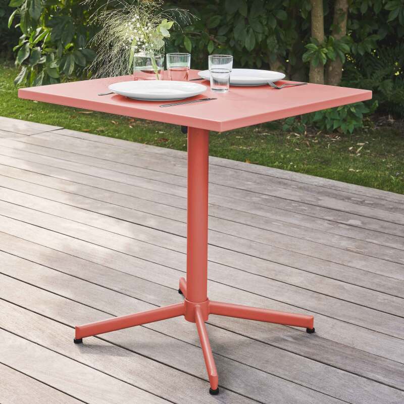 Table de jardin bistrot rabattable carrée 70 x 70 cm en métal et 2 chaises avec accoudoirs
