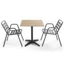 Table de terrasse carrée en bois et 2 chaises avec accoudoirs en aluminium