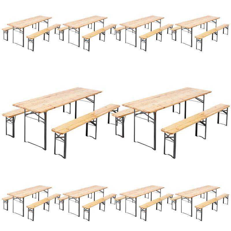 Lot de 10 tables de brasserie et 20 bancs pliants en bois de pin