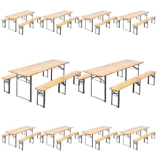 Lot de 10 tables de brasserie et 20 bancs pliants en bois de pin