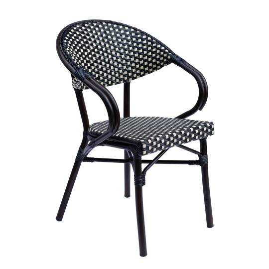 Chaise de jardin bistrot parisien en aluminium et rotin synthétique avec accoudoirs, motif en petits carrés | Oviala
