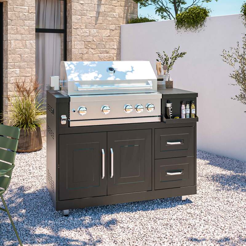 Cuisine d’extérieur angle acier 7 éléments dont 3 modules de cuisson et évier