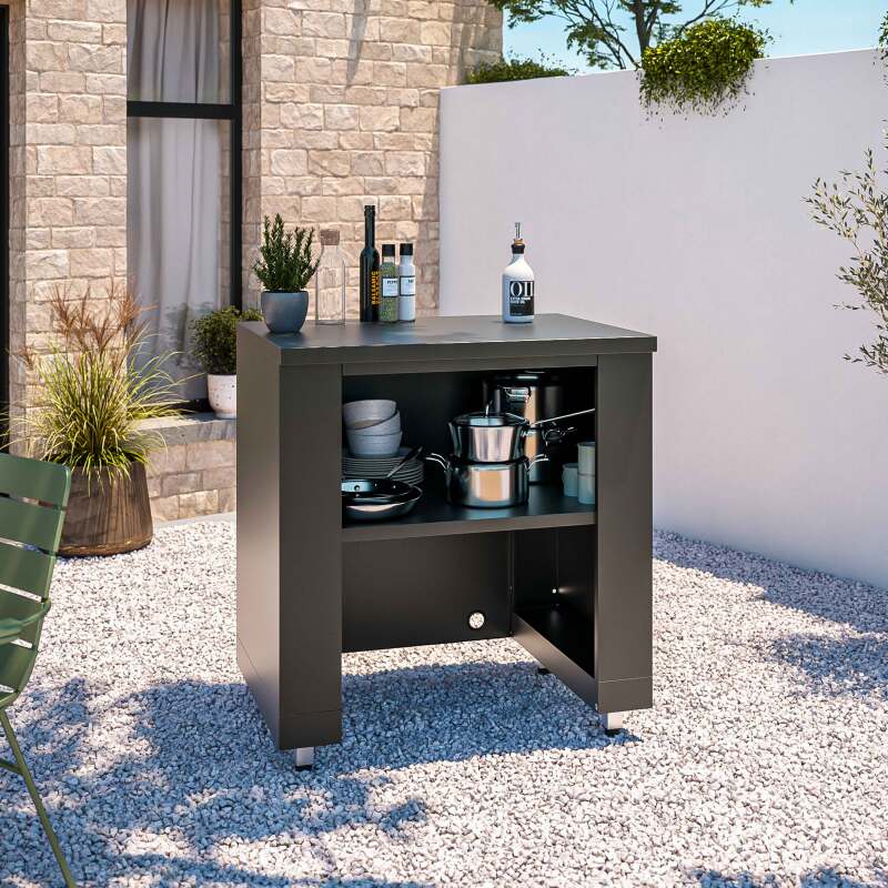 Cuisine d’extérieur angle acier 7 éléments dont 3 modules de cuisson et évier