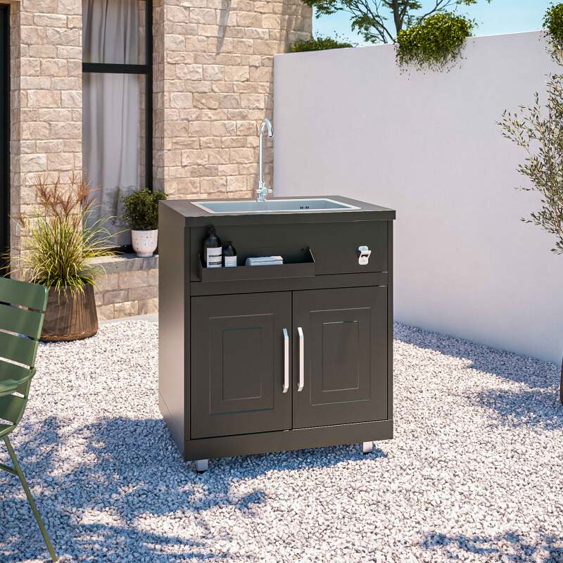 Cuisine d’extérieur angle acier 7 éléments dont 3 modules de cuisson et évier