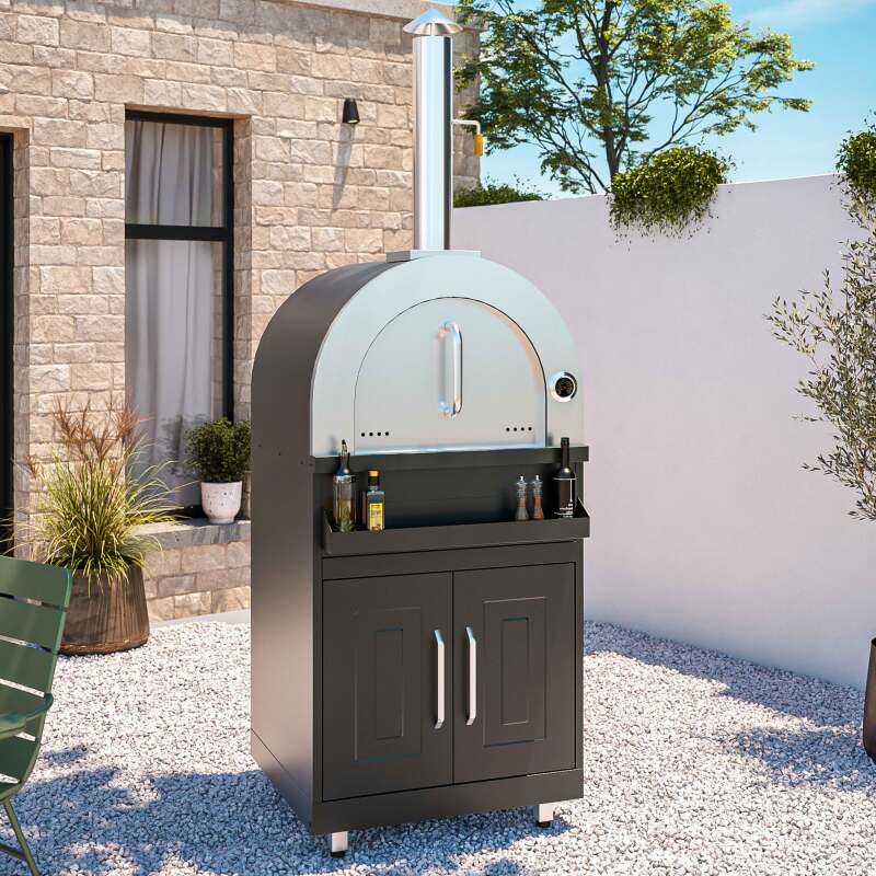 Cuisine d’extérieur angle acier 7 éléments dont 3 modules de cuisson et évier