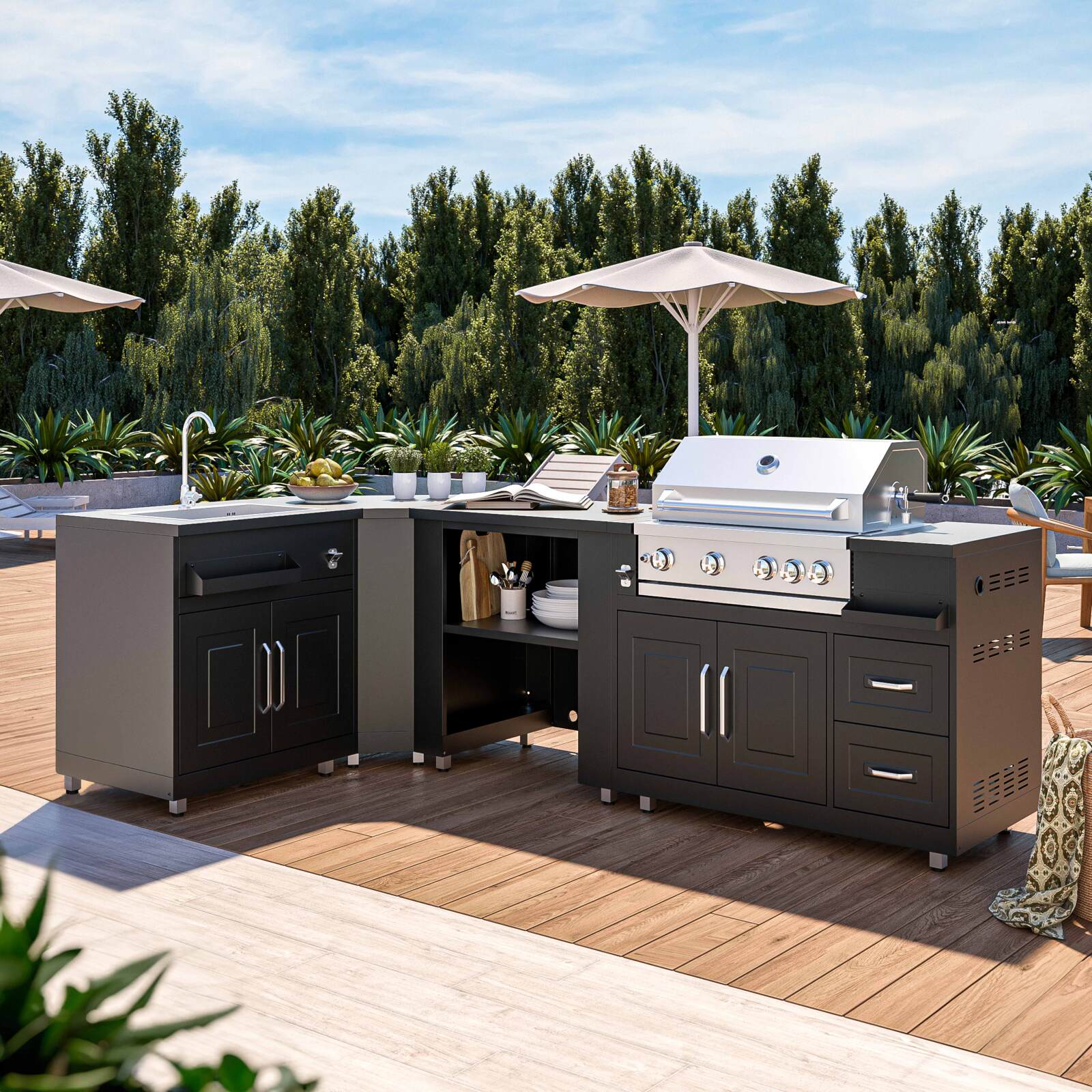 Meuble évier 2 portes en acier noir pour cuisine extérieure