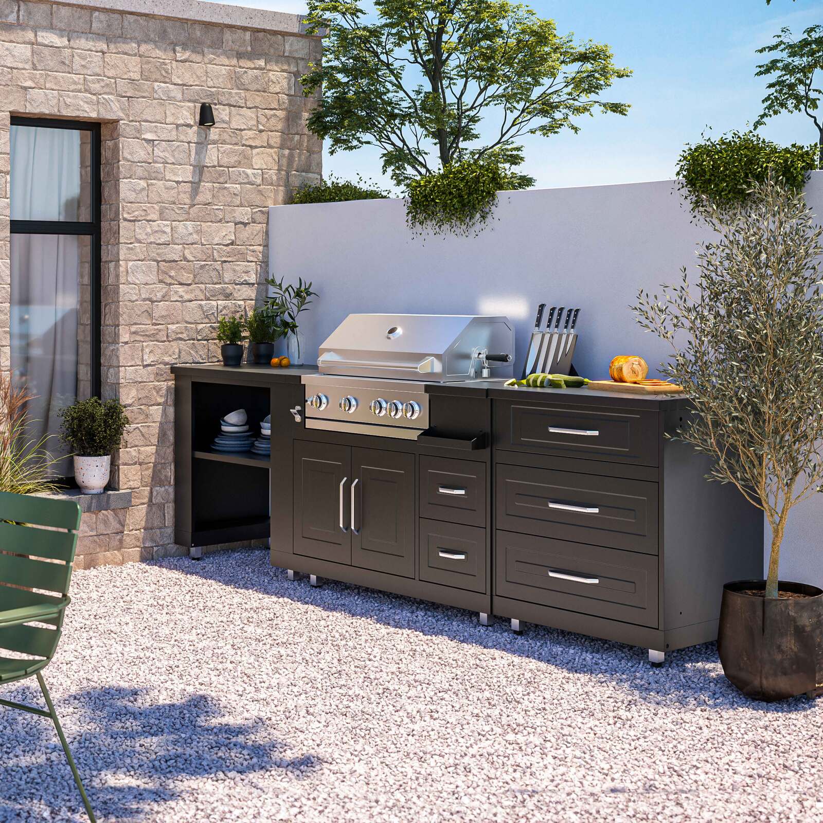 Meuble acier Barbecue gaz 4 + 1 brûleurs pour cuisine extérieure