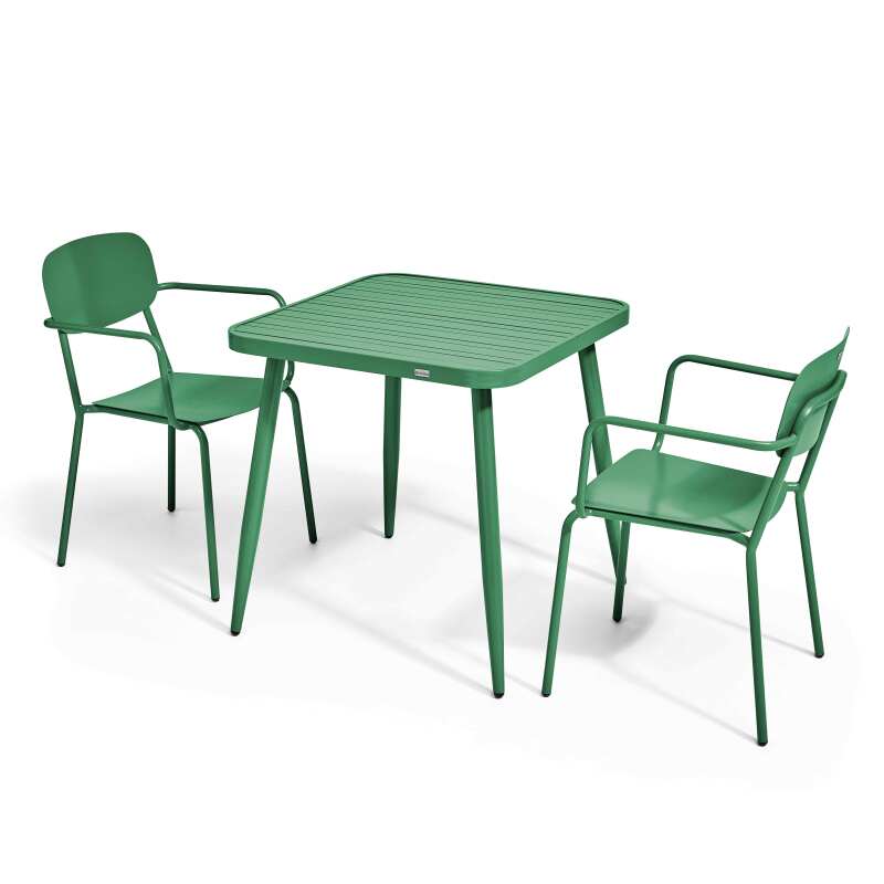 Table de jardin carrée 75 x 75 cm et 2 chaises avec accoudoirs en aluminium